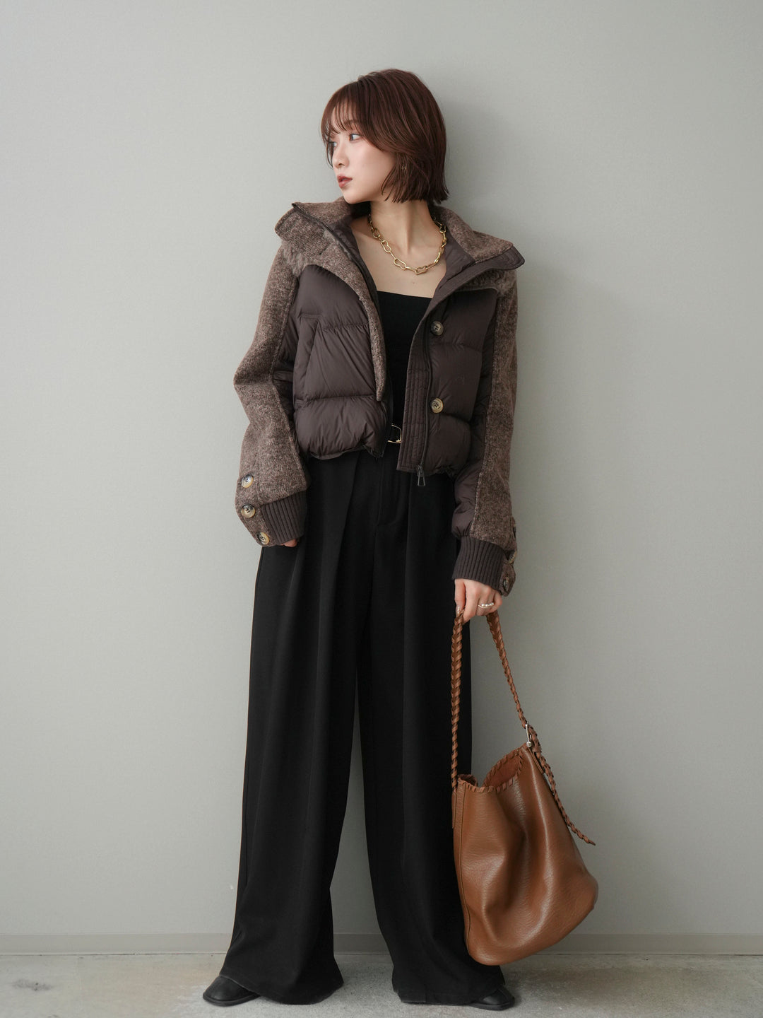 [SET]異素材ダウンジャケット+ベルトループデザインワイドパンツ(2set)