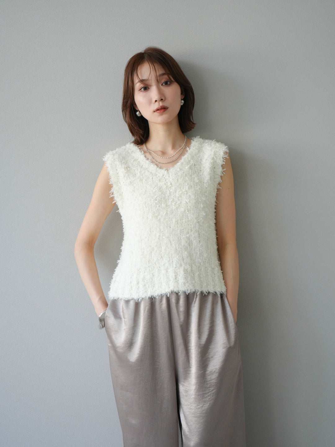 [予約]テープヤーンフリンジニットベスト/アイボリー