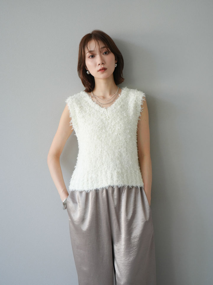 [予約]テープヤーンフリンジニットベスト/アイボリー