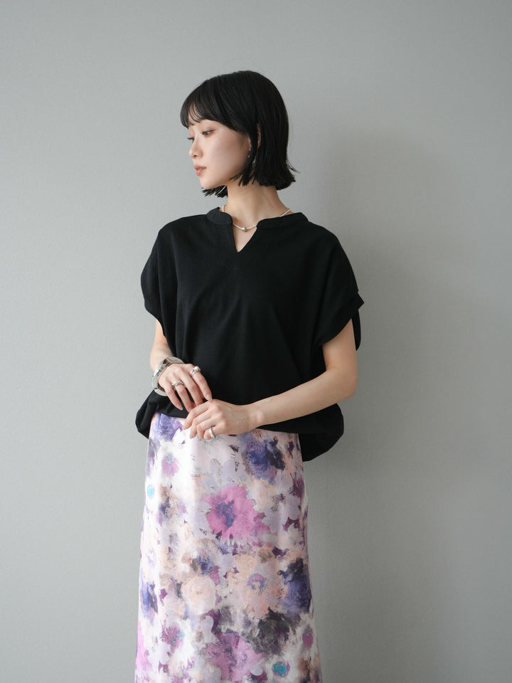 [予約]キーネックドルマンルーズコットンTシャツ/ブラック