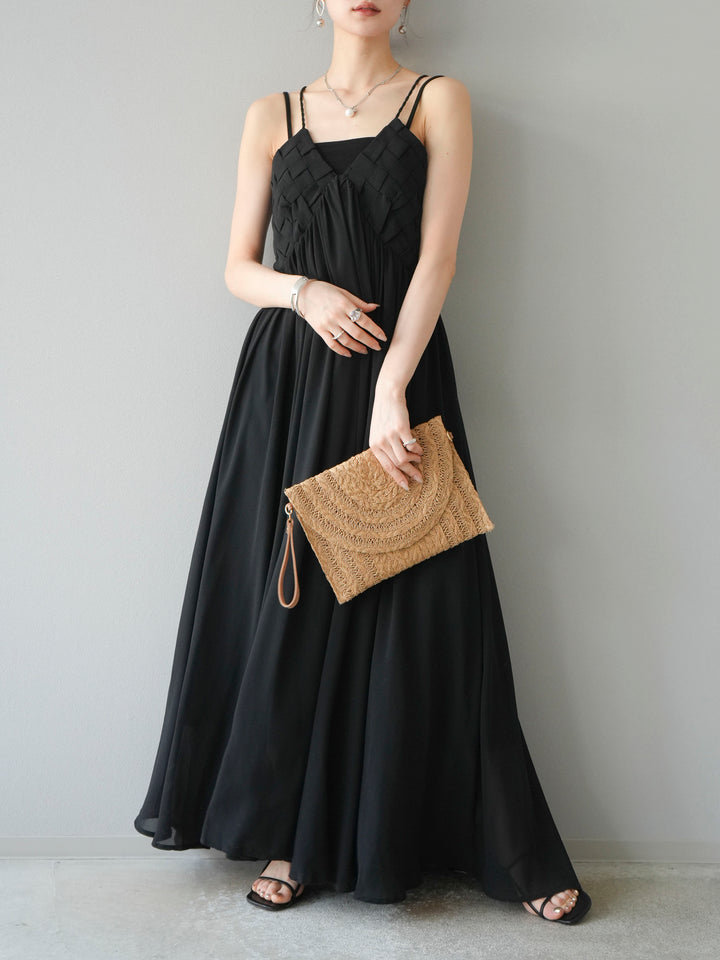 [SET]編み込みデザインシフォンワンピース+カップ付テレコリブベアキャミソール(2set)