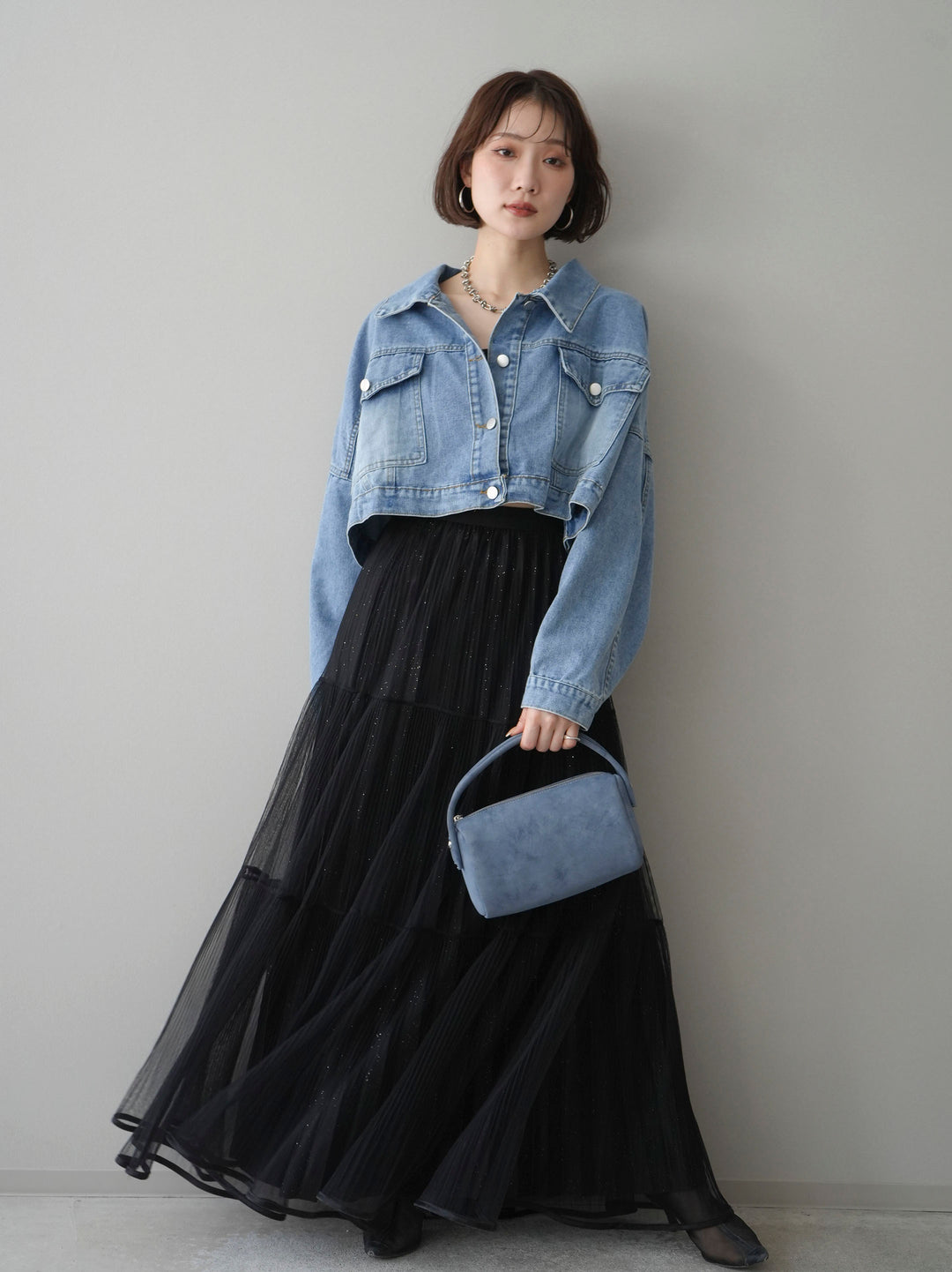 [SET]デニムショートシャツジャケット+ラメプリーツレイヤードチュールロングスカート(2set)
