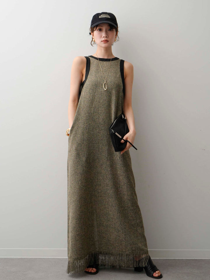 [予約]サマーツイードフリンジヘムロングIラインワンピース/black