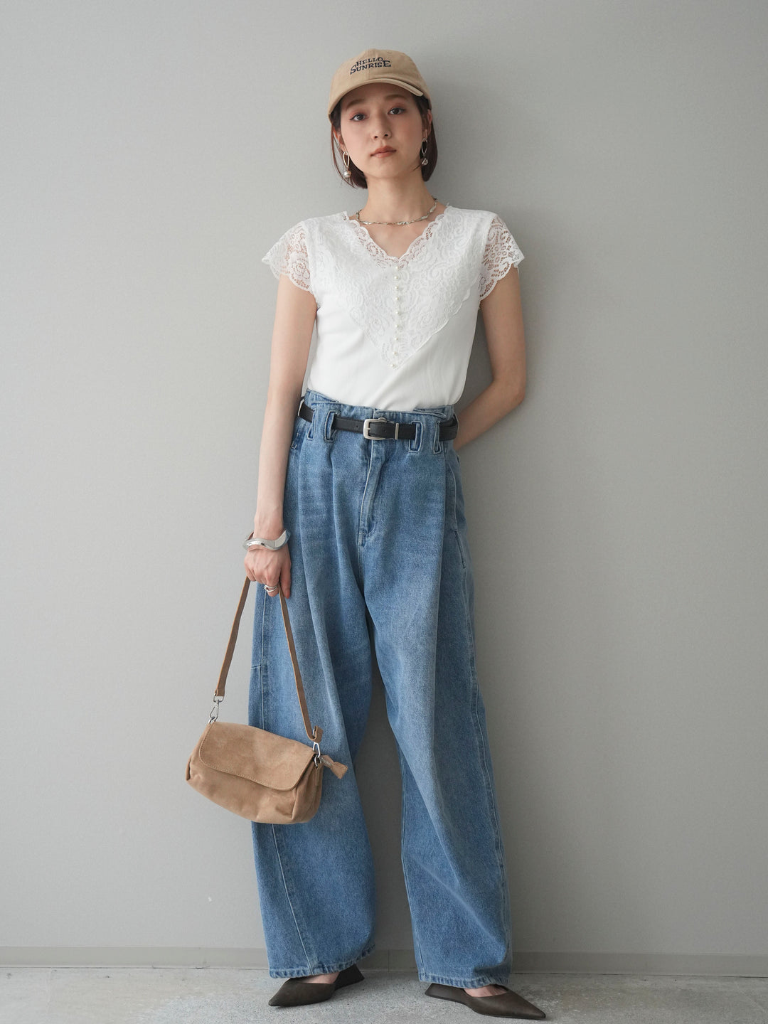 [SET]パールボタンレース切替ニットトップス+ハイウエストベルトループデザインデニムパンツ(2set)