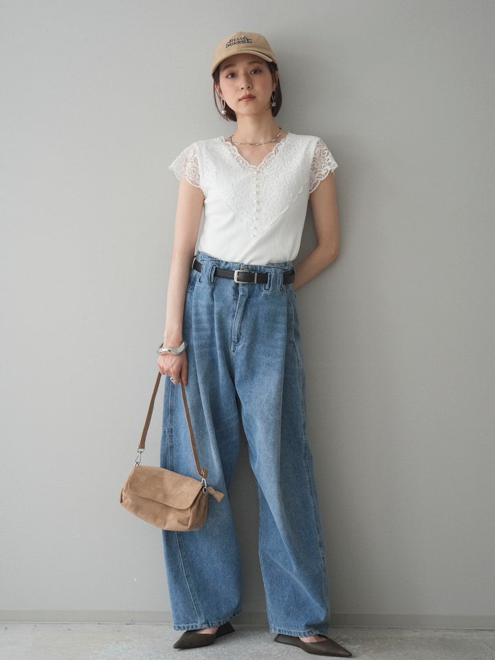 [SET]パールボタンレース切替ニットトップス+ハイウエストベルトループデザインデニムパンツ(2set)