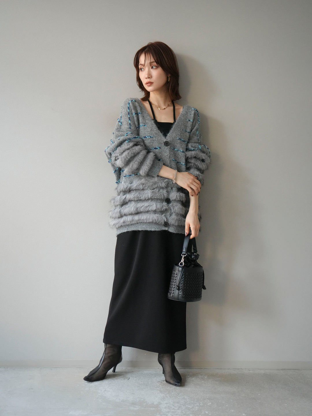 [予約]フェザーライン配色シャギーニットカーディガン/グレー