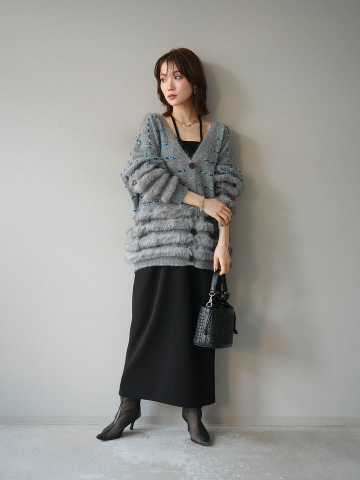 [予約]フェザーライン配色シャギーニットカーディガン/グレー