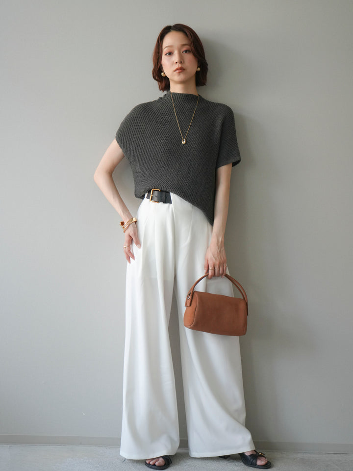[SET]アシンメトリーローゲージニットトップス+アシンメトリーベルトタックワイドパンツ(2set)