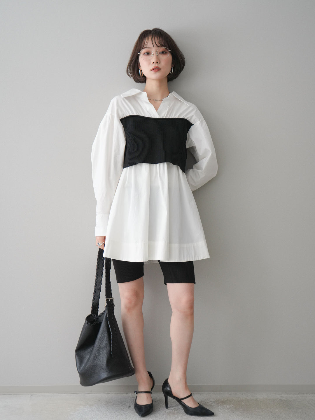 [予約]ニットビスチェドッキングフレアシャツチュニック/offwhite