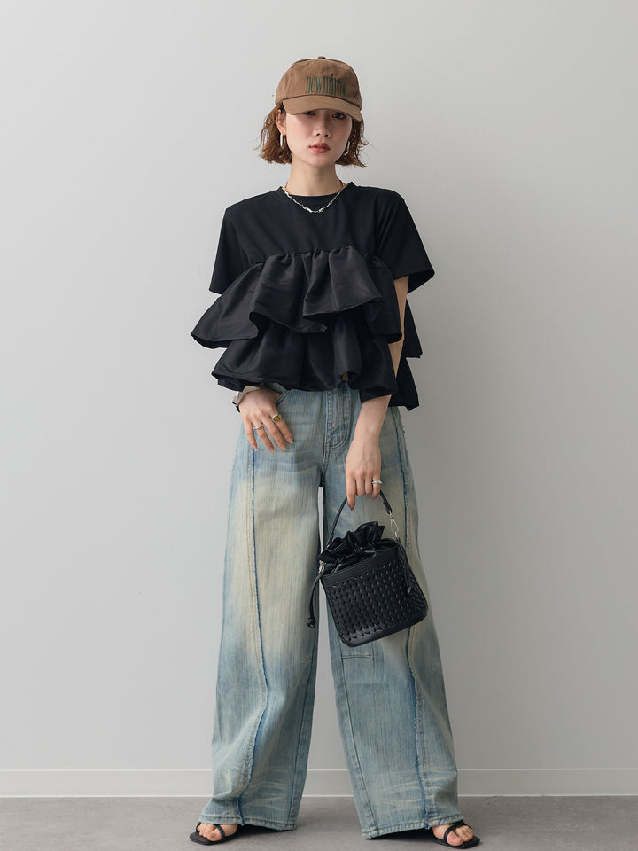 [SET]フリルティアードTEE+縦ウォッシュワイドデニムパンツ(2set)