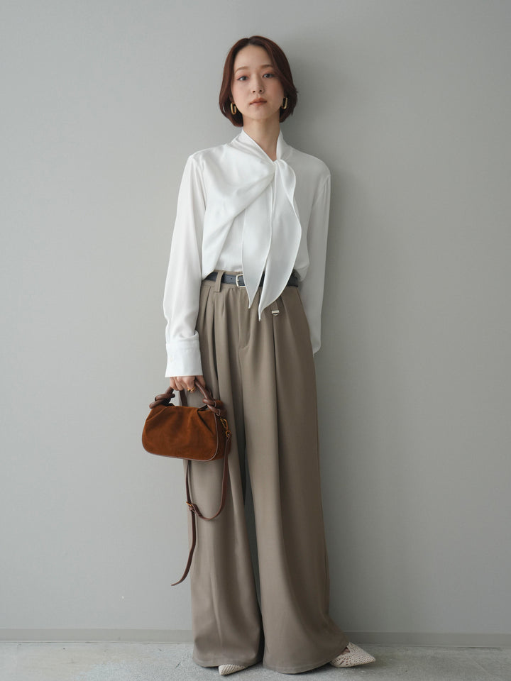 [SET]楊柳シャイニータイブラウス+ベルト付キーホルダーモチーフワイドパンツ(2set)