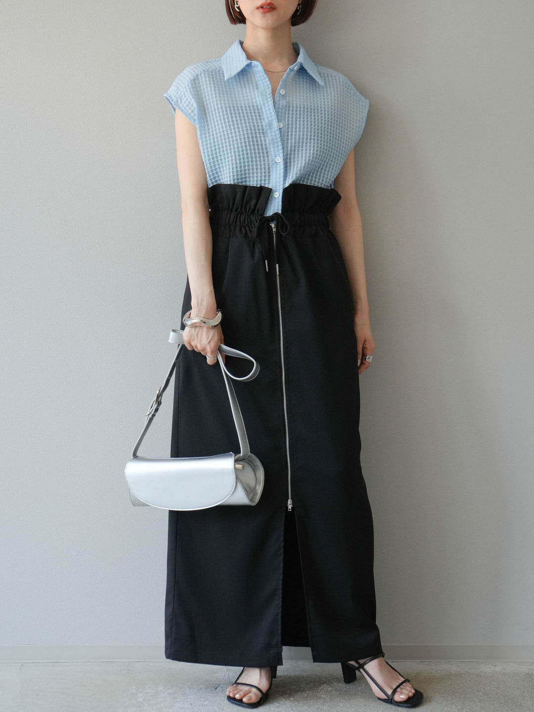 [SET]シアーチェックノースリーブシャツ+ヘザーエステルギャザージップスカート(2set)