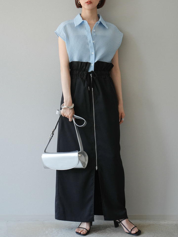 [SET]シアーチェックノースリーブシャツ+ヘザーエステルギャザージップスカート(2set)