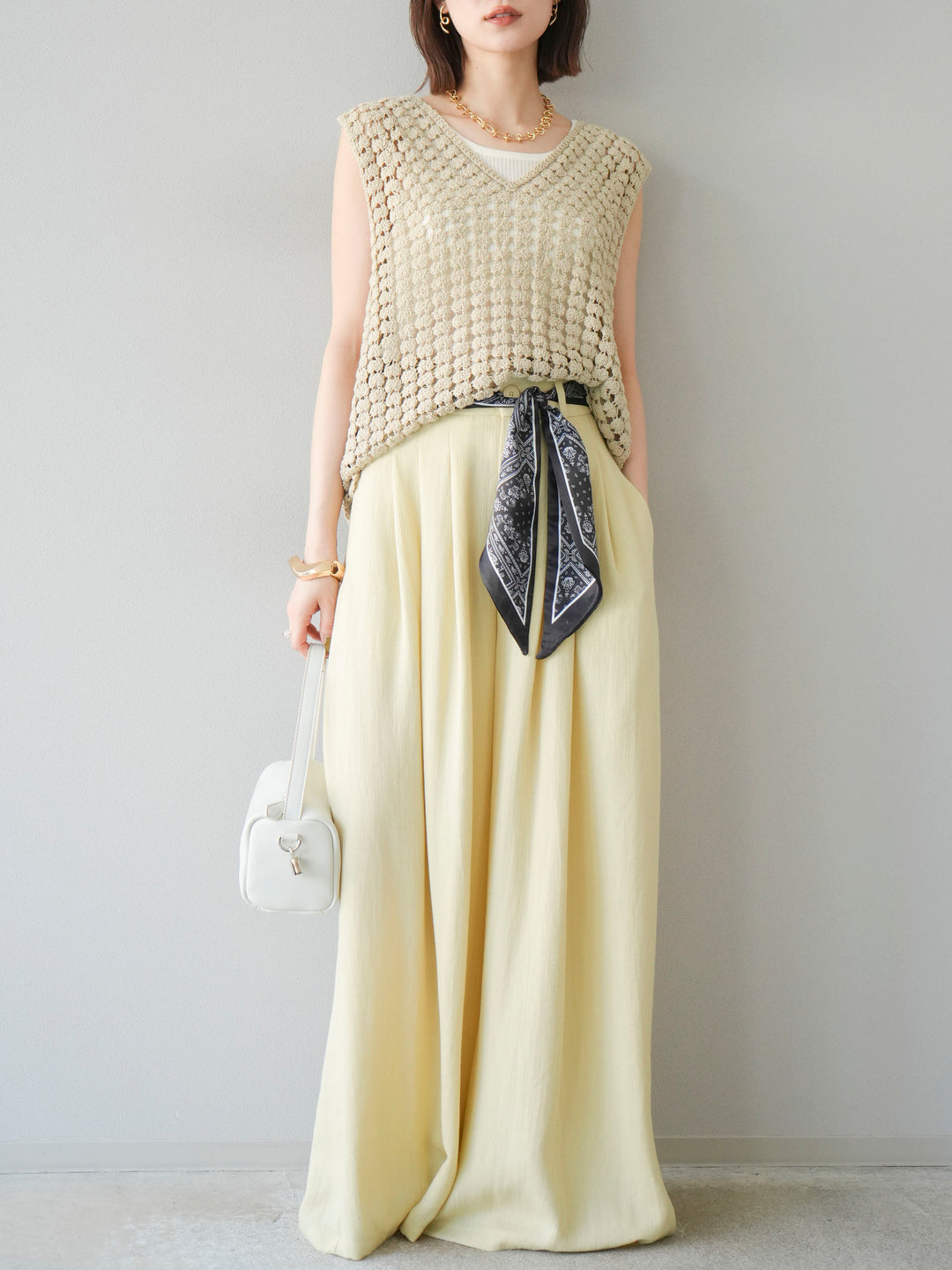 [予約]スカーフベルト付3タックワイドパンツ/イエロー