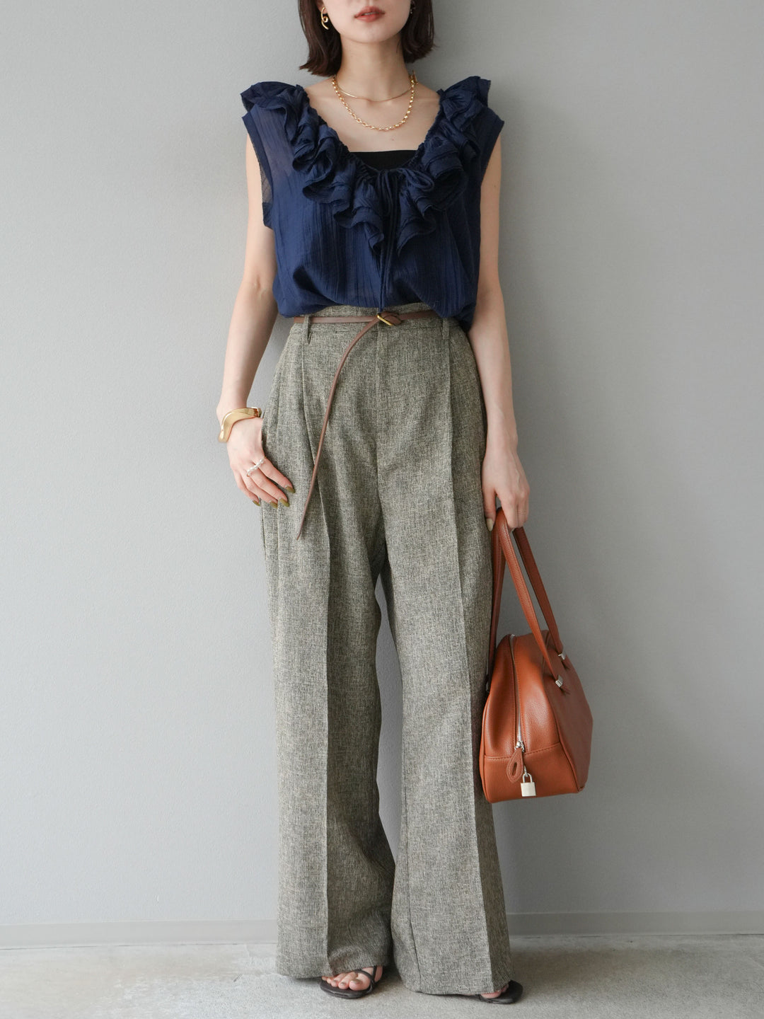 [予約]ミックスツイードタックパンツ/ブラウン