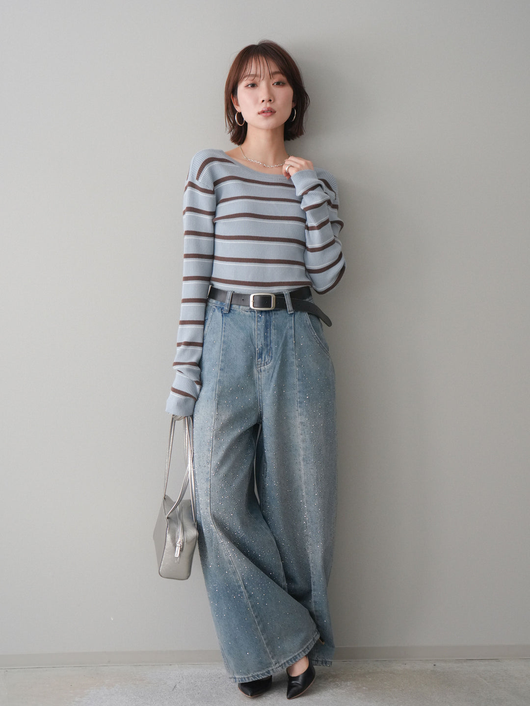 [予約]バックオープンテレコリブマルチボーダートップス/blue