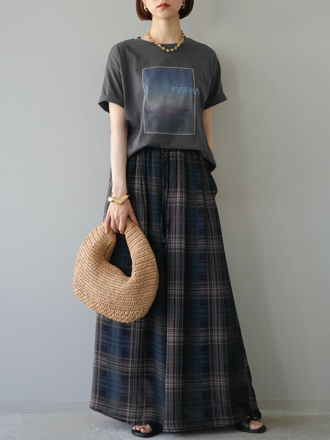 [SET] 薄紗層疊印花T卹 + 透視格紋寬鬆褲 (2件套)