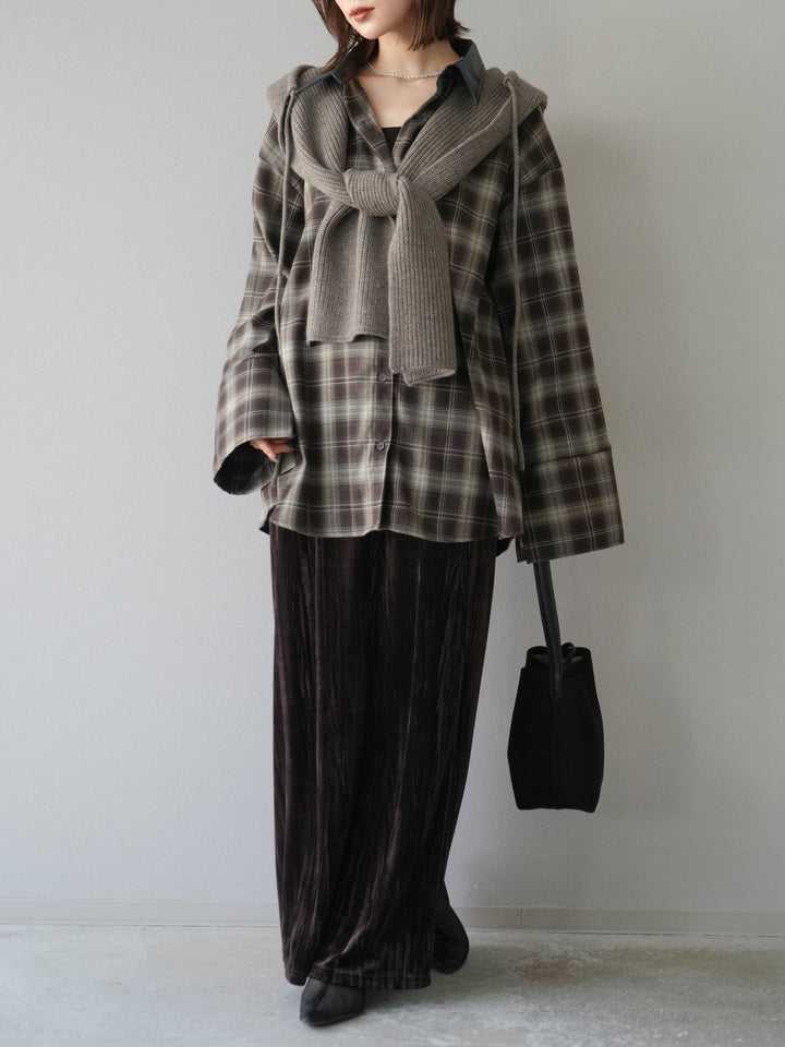 [SET]レザー襟オンブレチェックオーバーシャツ +クラッシュベロアナロースカート(2set)