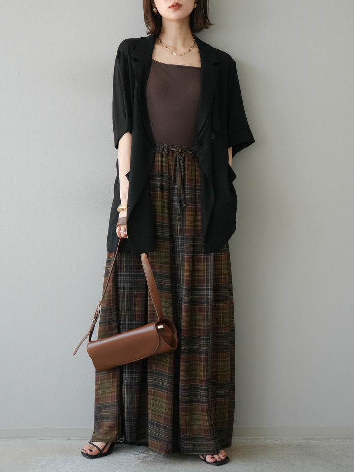 [預購] 透視格紋寬鬆褲/棕色