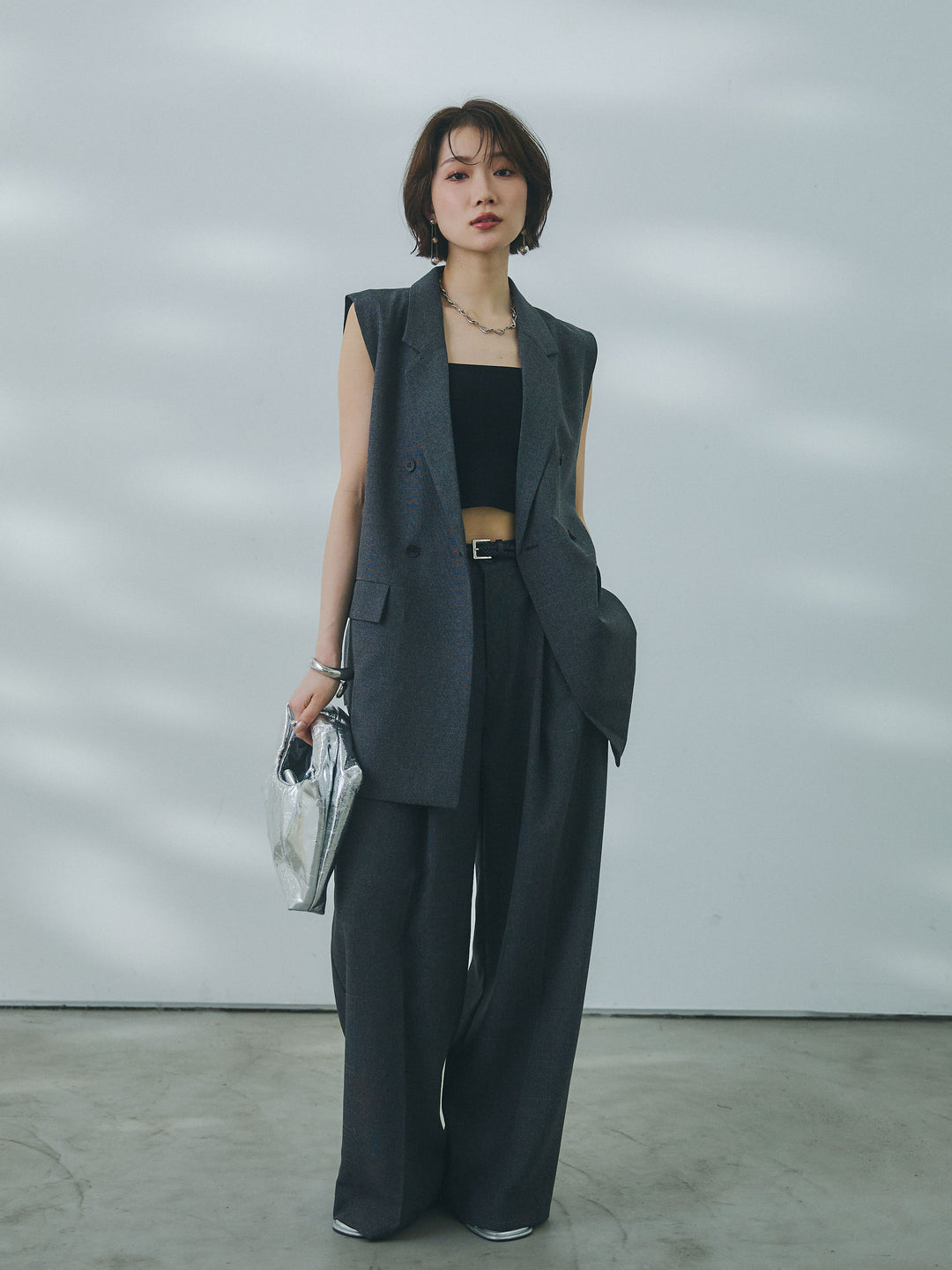 【Allure】[SET]杢調ミディ丈テーラードジレ+杢調ミディ丈テーラードジレ(2set)