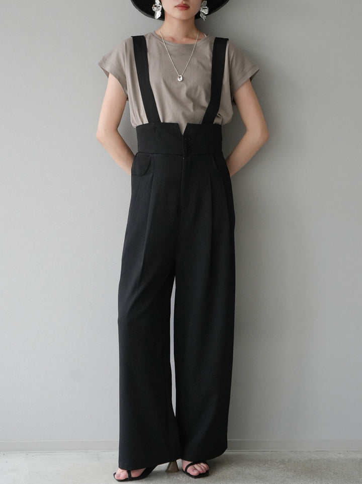 [SET] High waist suspender wide pants + French sleeve T-shirt (2set)