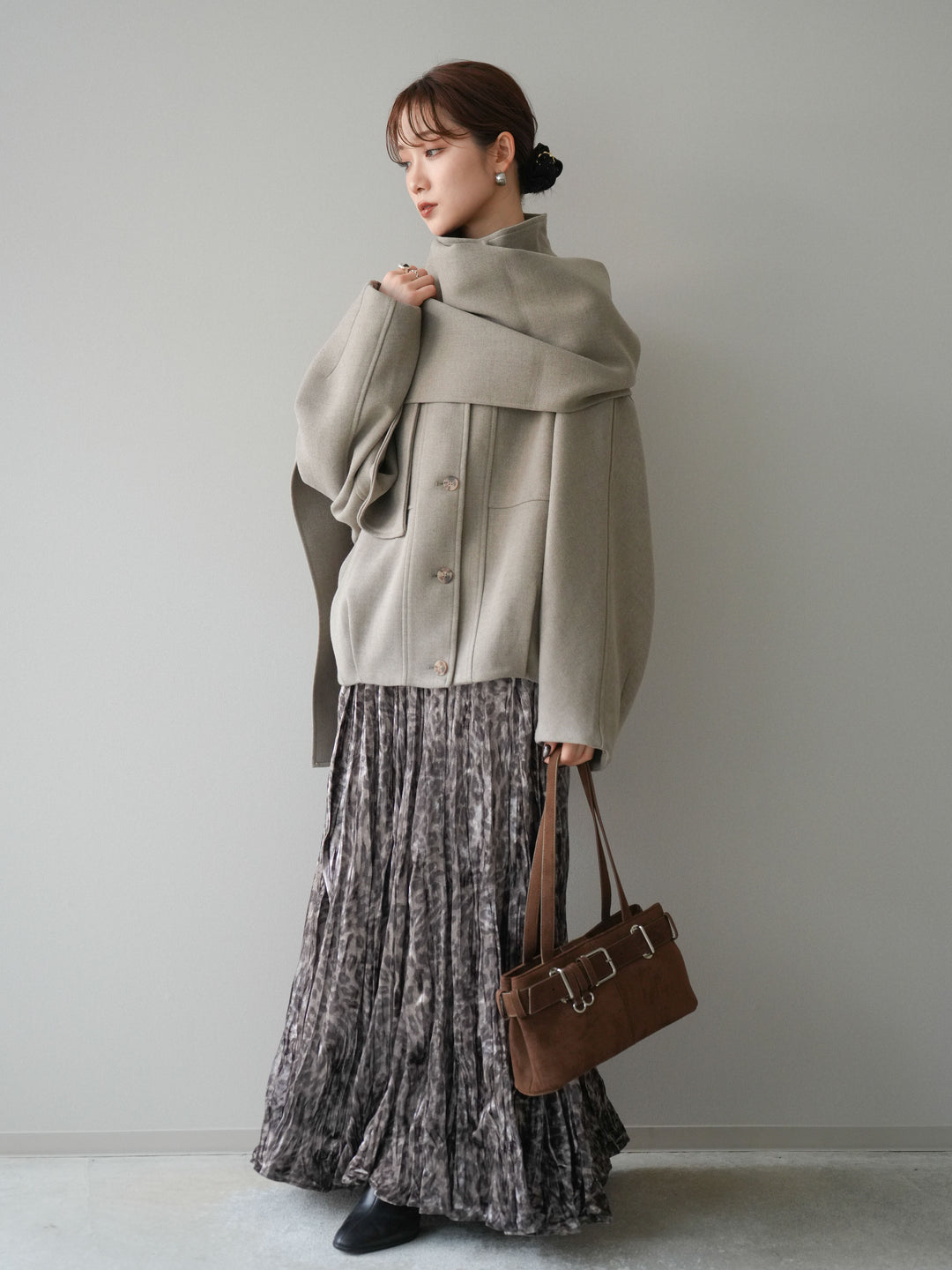 [予約]レオパードベロアワッシャーロングスカート/gray