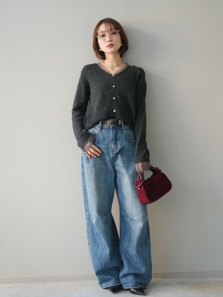 [SET]ドットチュールレイヤードボタンニットトップス+選べるアクセセット(2set)