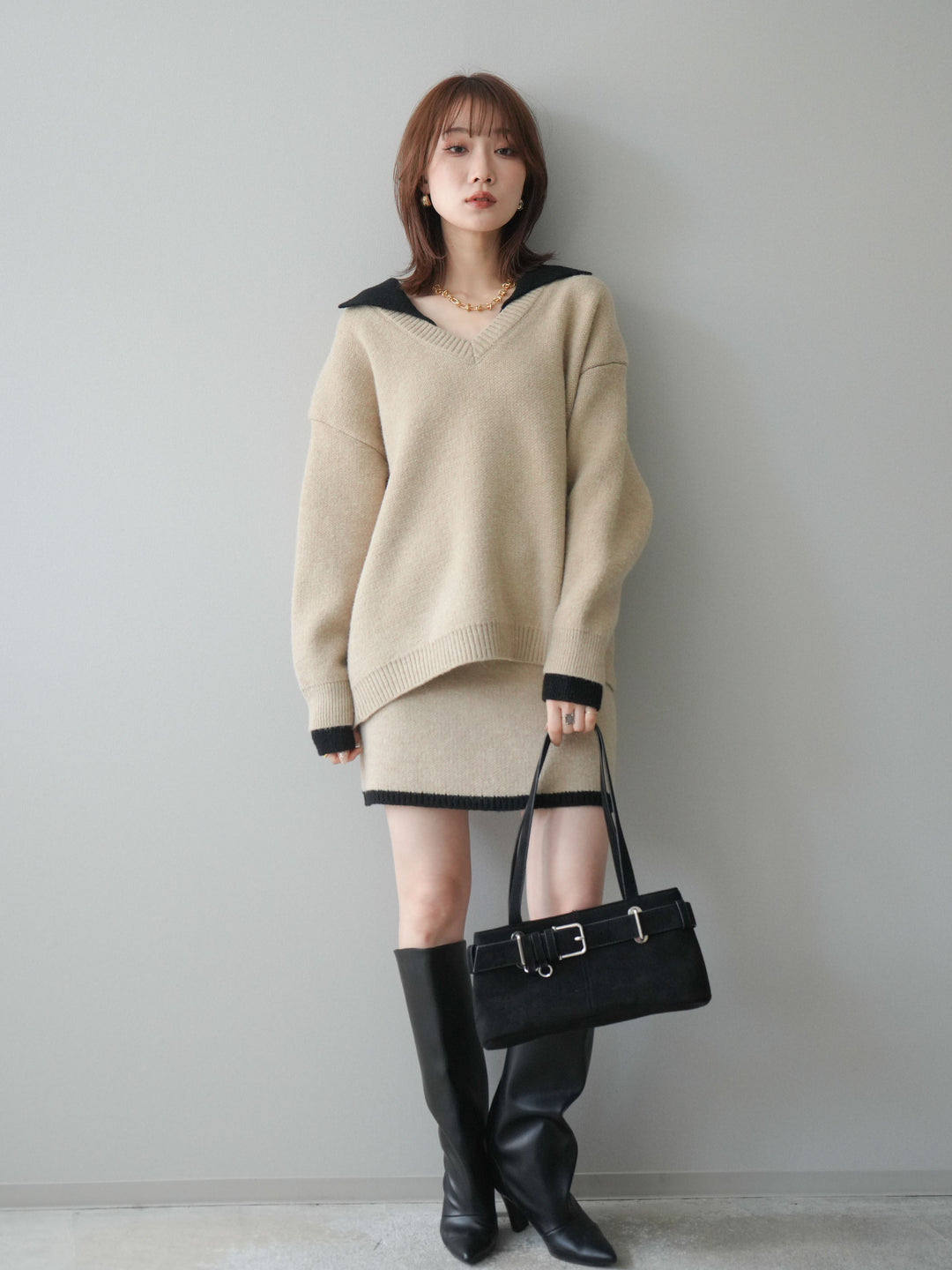 [SET]配色襟ニット＆ミニスカートSET UP(2set)