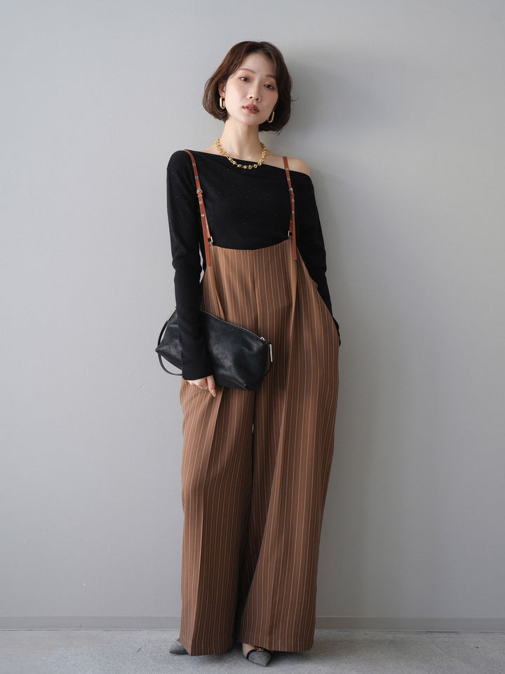 [予約]ヘリンボーンストライプサス付サロペット/goldbrown