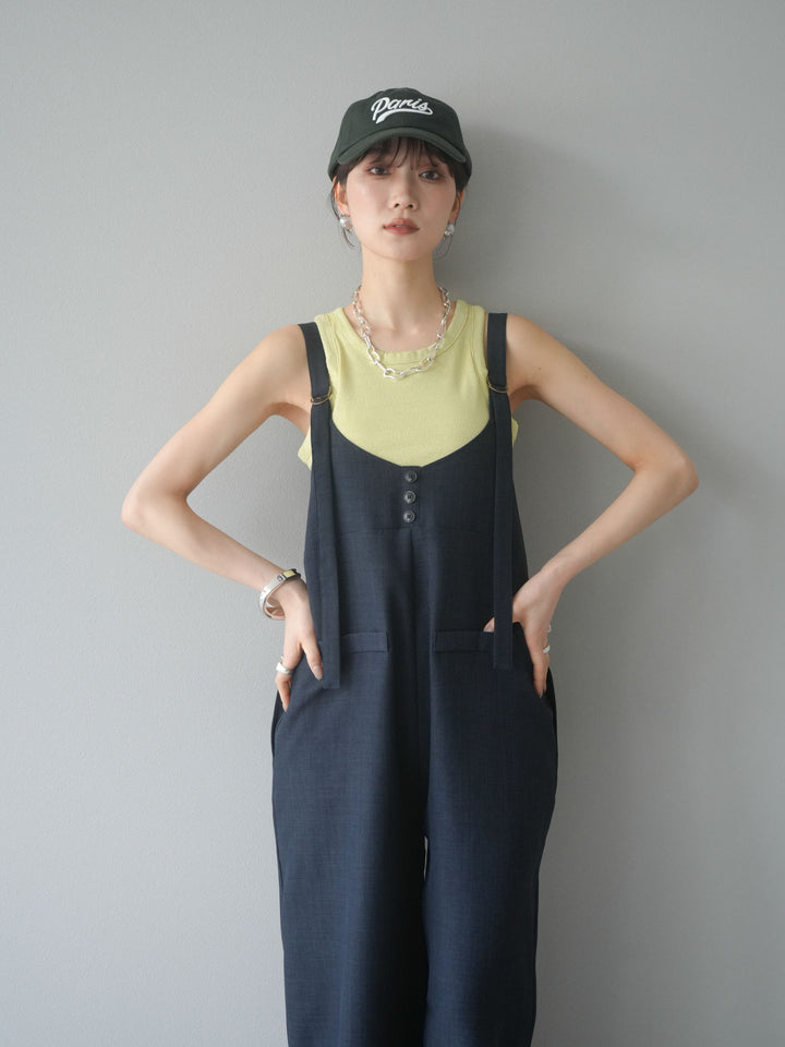 [予約]リネンタッチボタンサロペット/チャコール