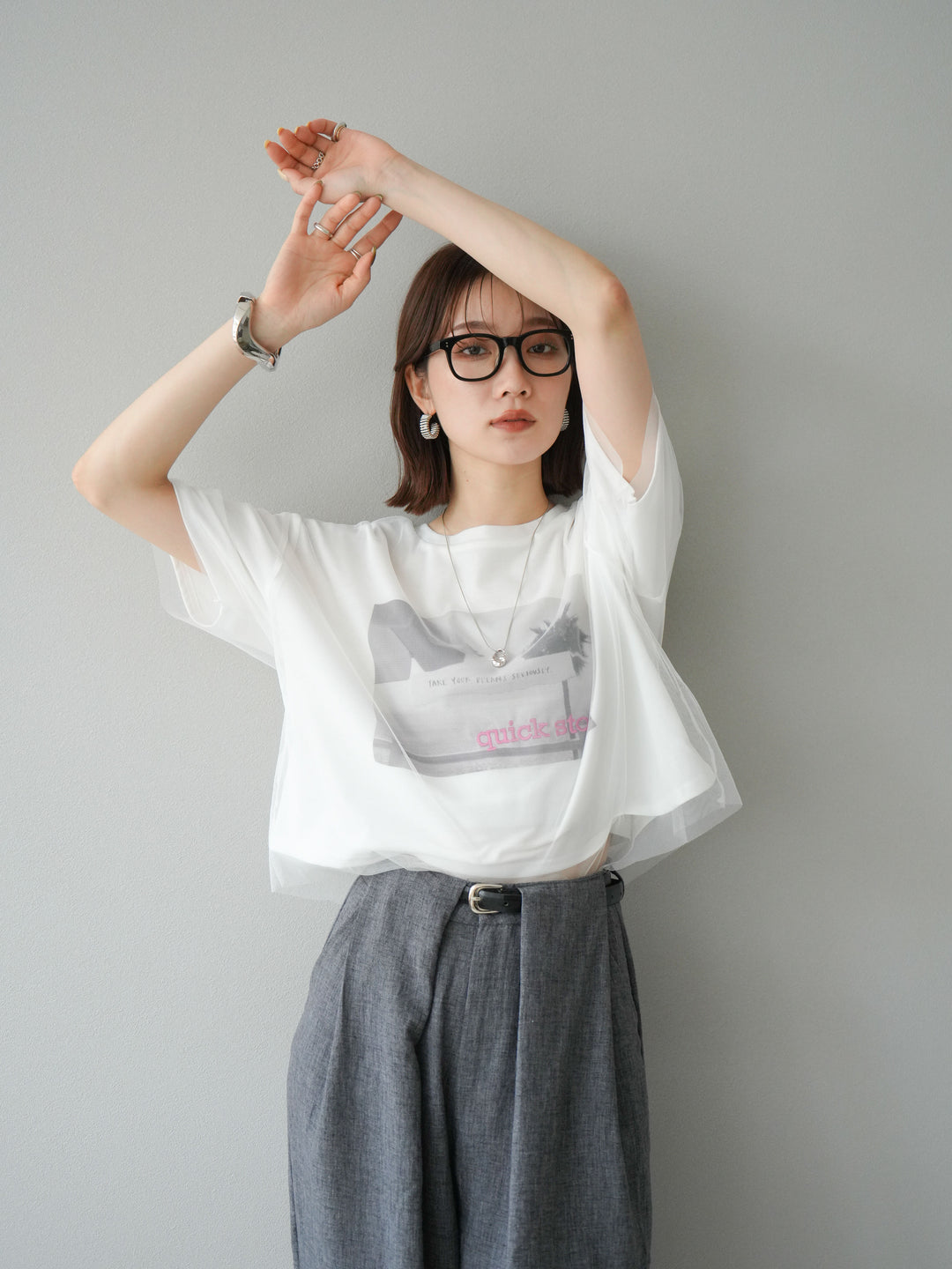 [予約]チュールドッキングフォトTシャツ/オフホワイト×ピンク