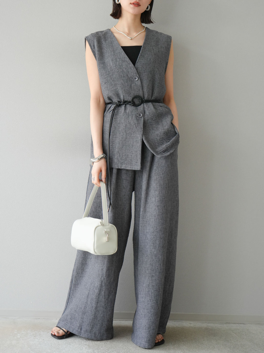 [SET]ベルト付リネンタッチベスト＆ワイドパンツSET UP(2set)