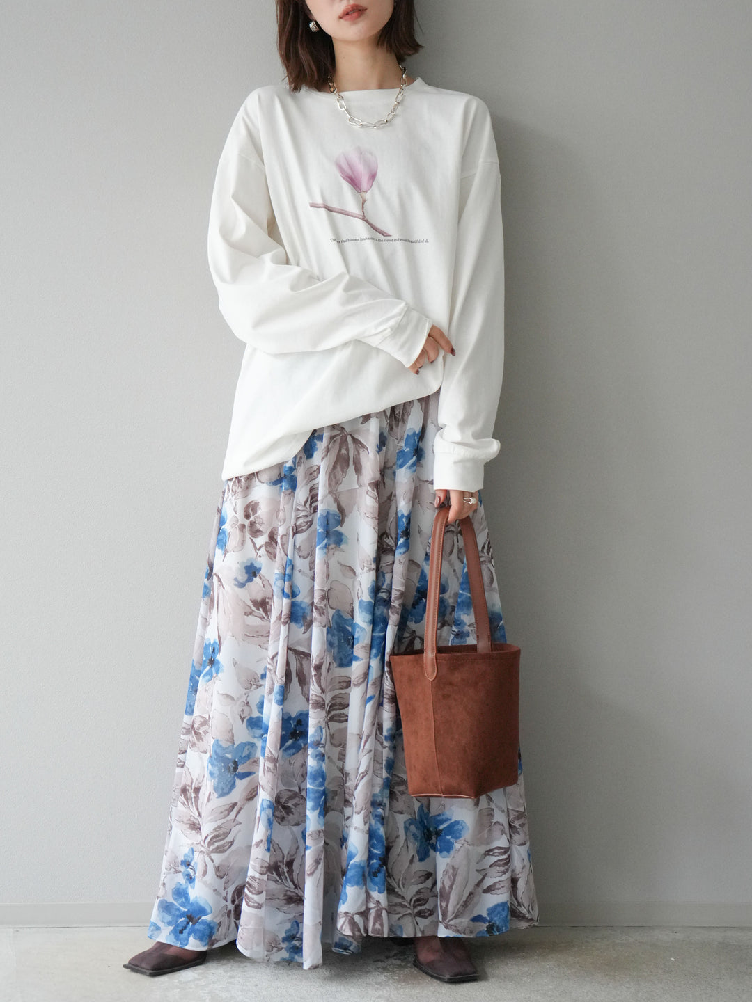 [予約]フラワープリントボリュームフレアスカート/ブルー