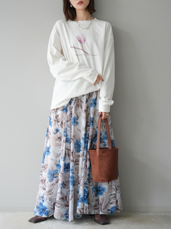 [予約]フラワープリントボリュームフレアスカート/ブルー