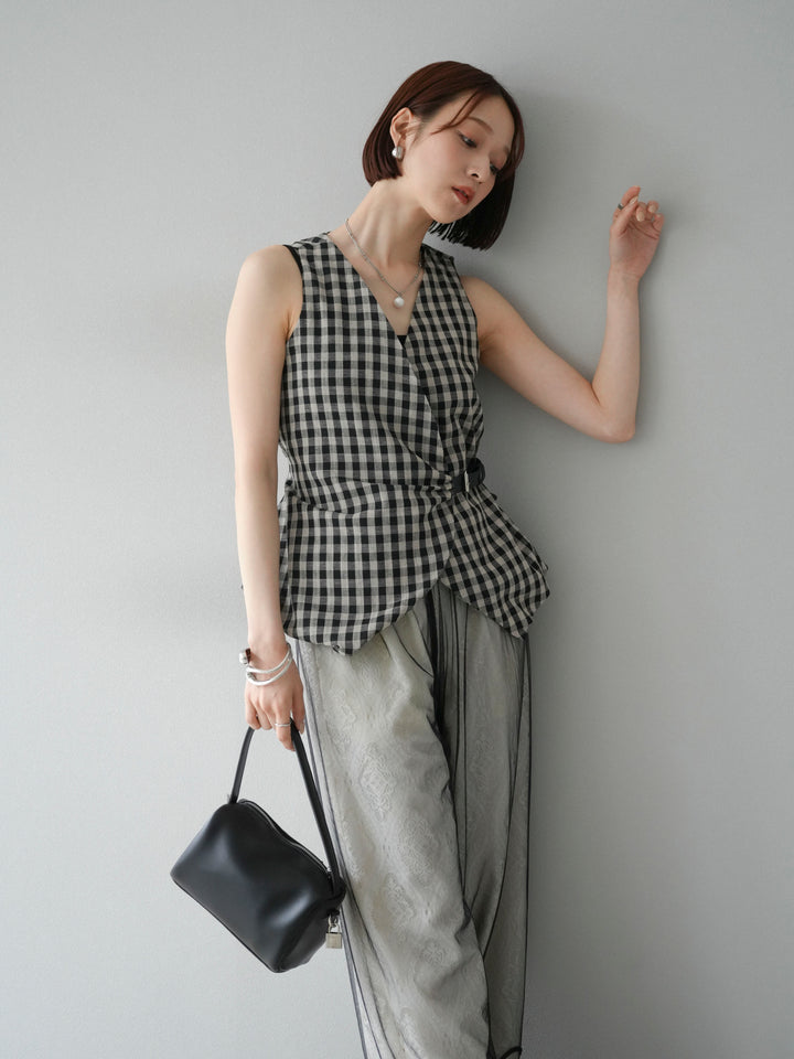 [予約]ベルトデザインバルーンブラウス/チェック