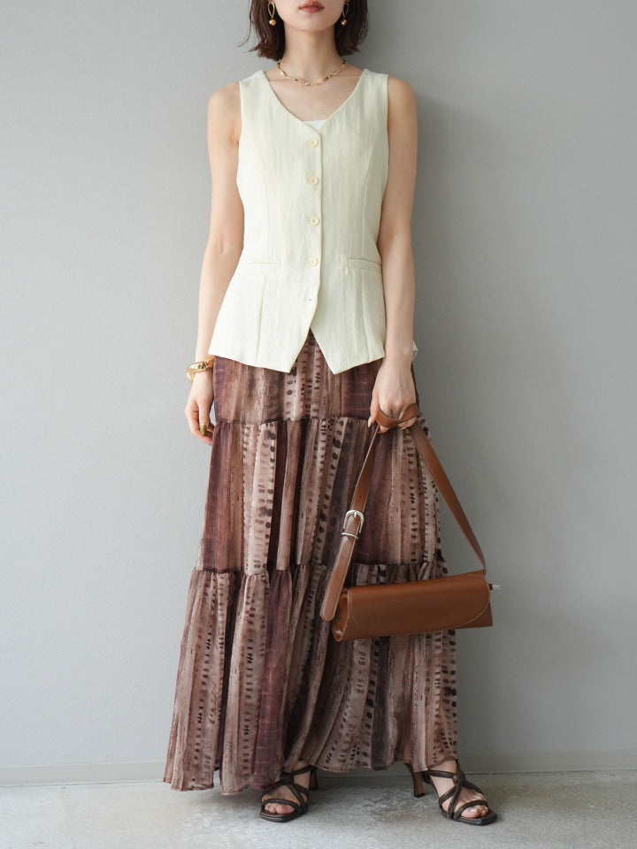 [SET]リネンタッチバックオープンベスト＆ニュアンス柄マキシスカートSET UP(2set)