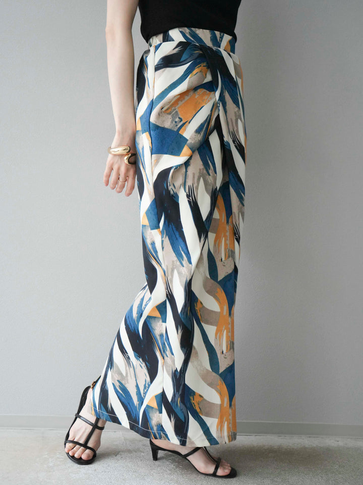 [預購] 度假風印花褶襉I字裙/藍色