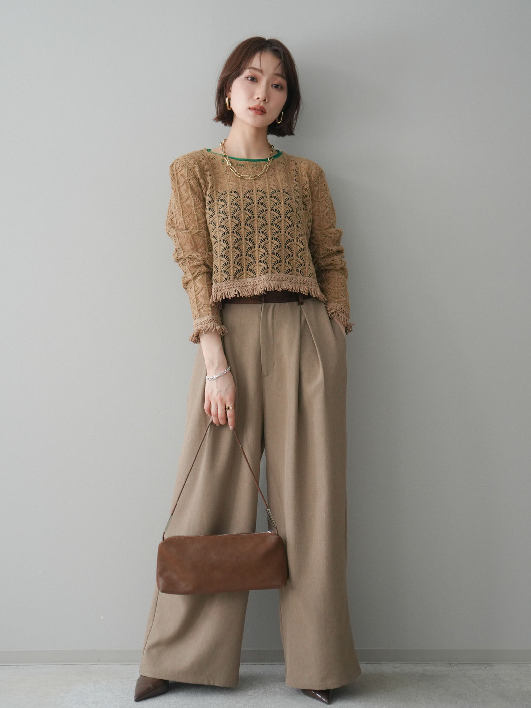 [予約]サテンベルトタックワイドパンツ/beige