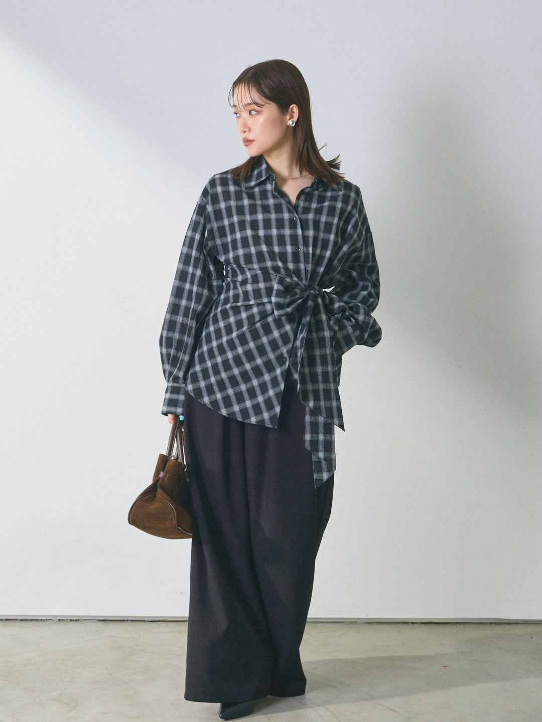 [予約]ウエストアシメリボンシャツ/blackcheck