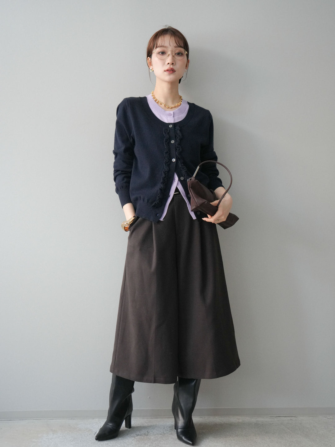 [予約]配色レイヤードフリルデザインニットカーディガン/black