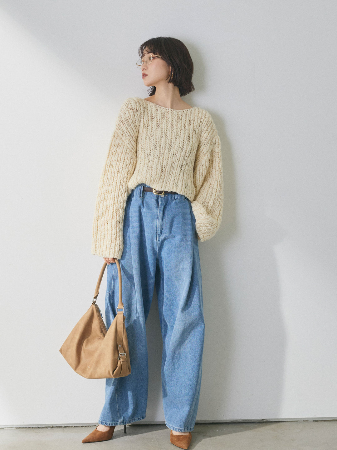 【Allure】[SET]クロップドチャンキースラブニットプルオーバー+ハイウエストベルトループデザインデニムパンツ(2set)