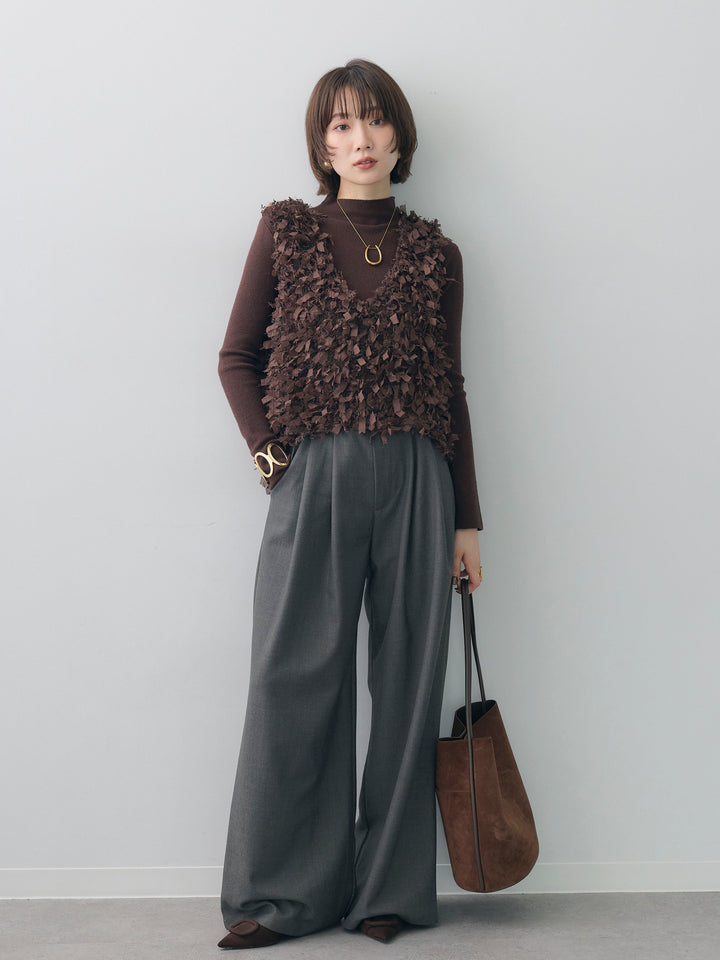 [SET]リボンフリンジベスト+ベルトデザインツータックドレープワイドパンツ(2set)