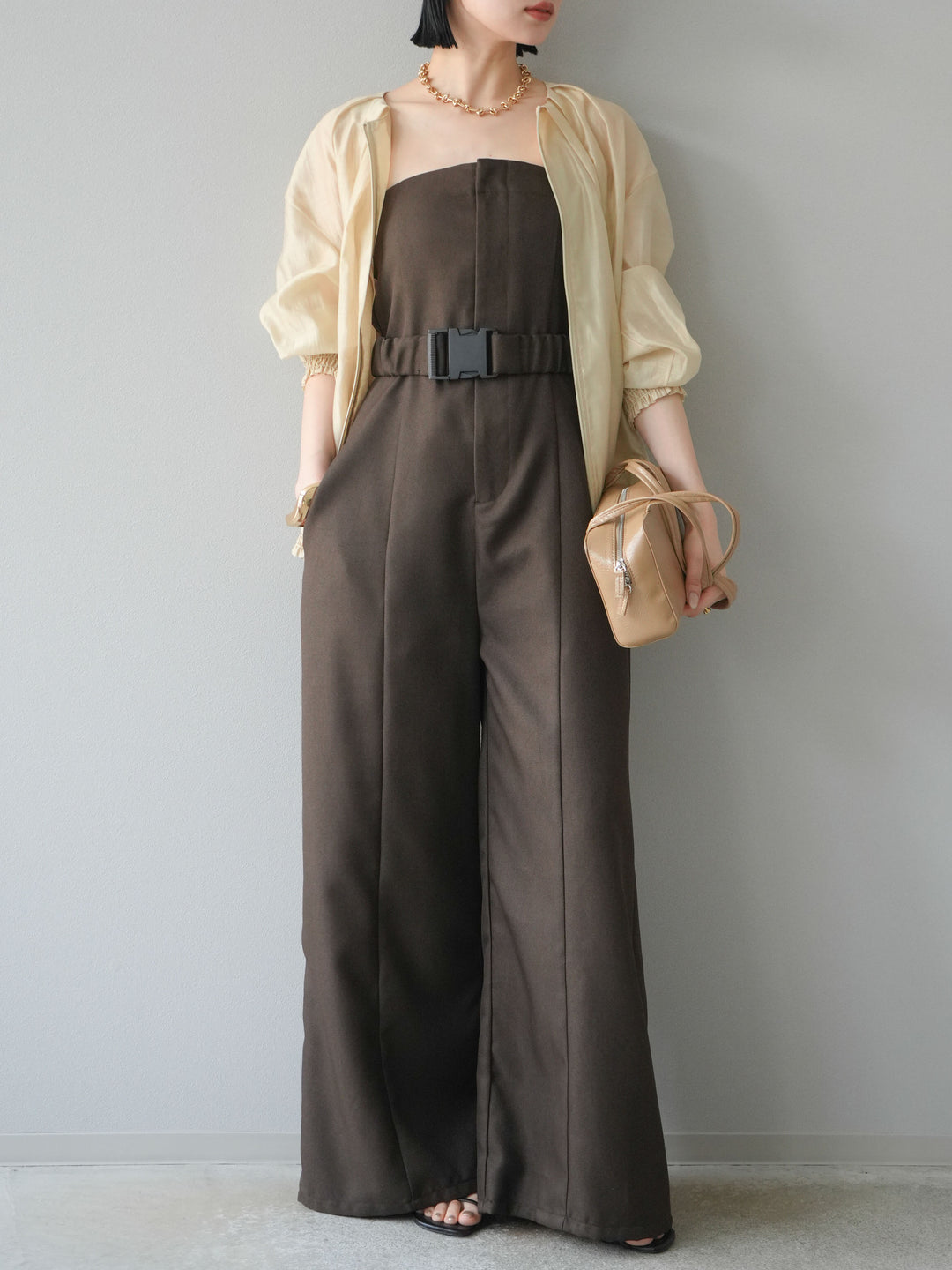 [SET]タックデザインシアーブルゾン+ヘザーツイルベルト付ベアサロペット(2set)