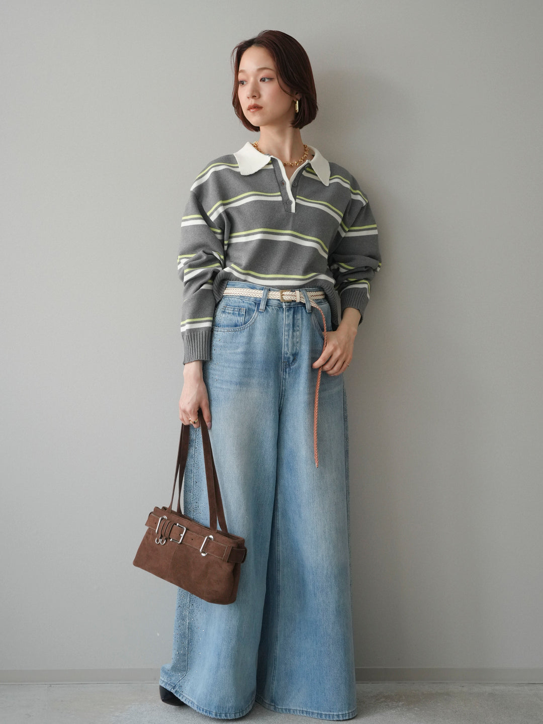 [予約]サイドビジューワイドデニムパンツ/lightblue