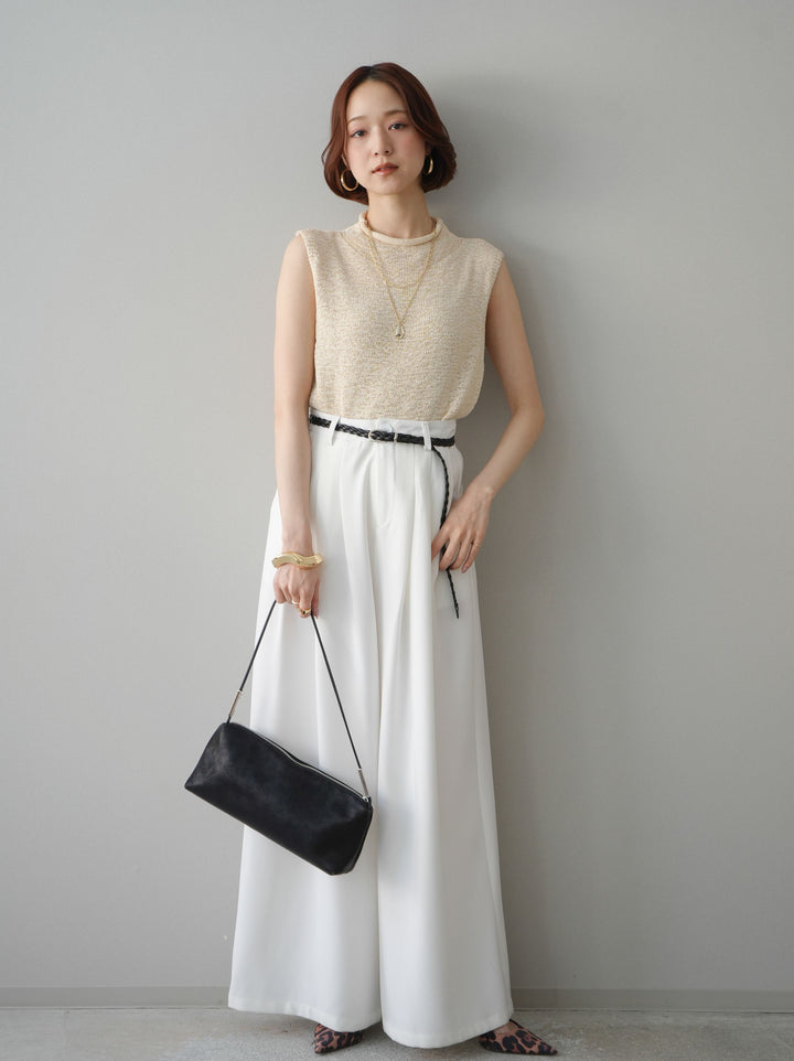 [予約]編み込みベルト付タックワイドパンツ/white