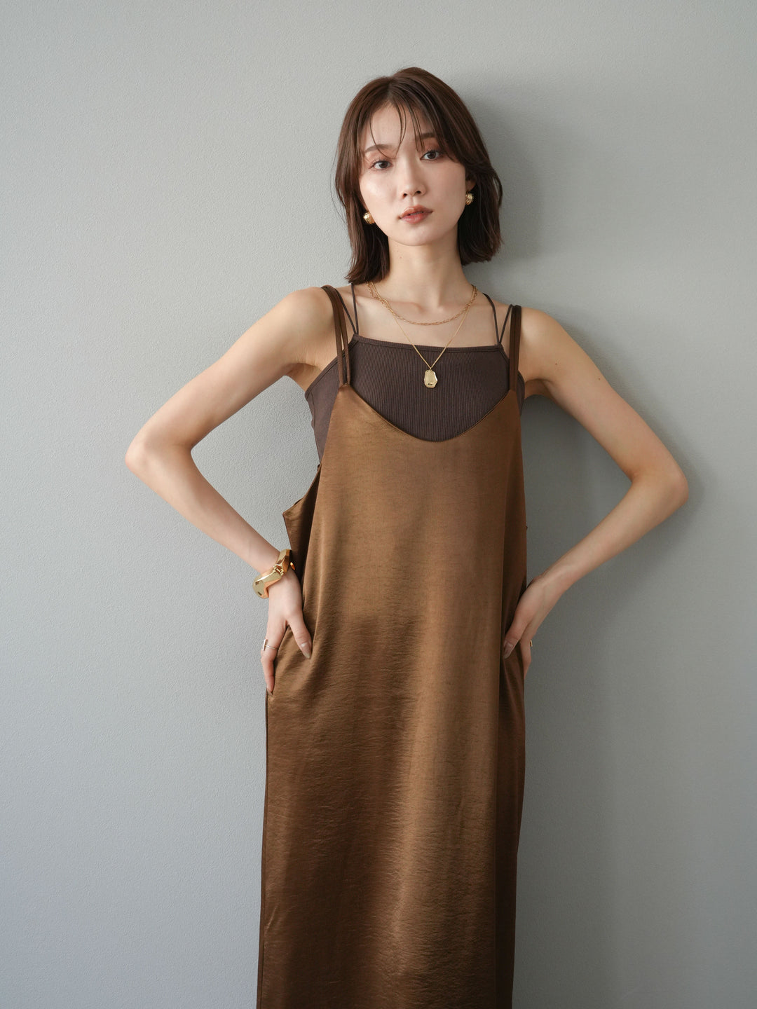 [予約]サテンキャミワンピース/ブラウン