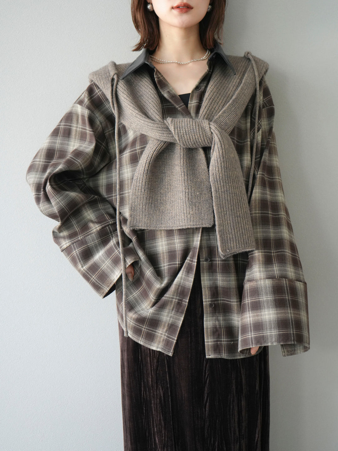 [予約]レザー襟オンブレチェックオーバーシャツ /ブラウン