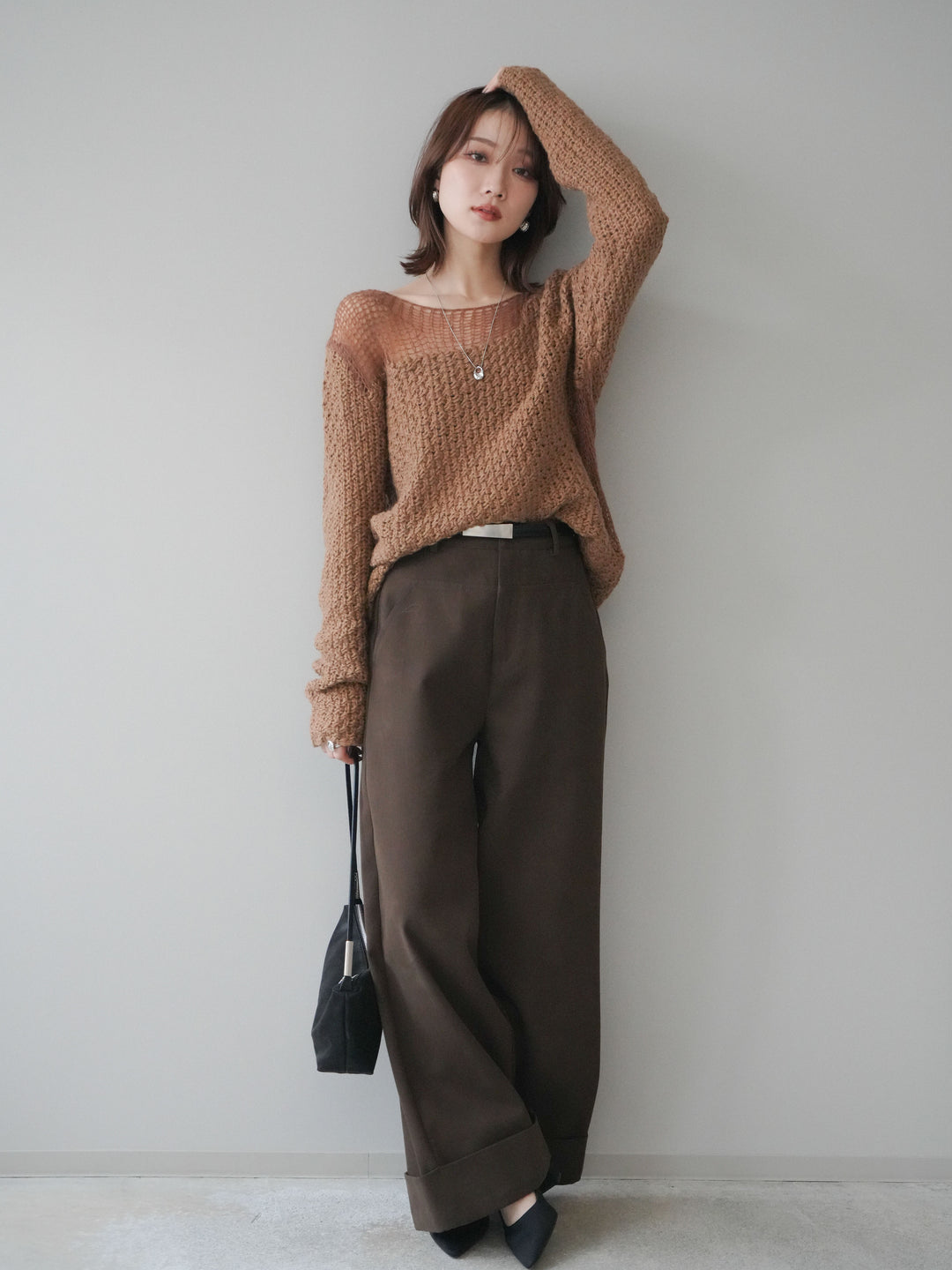 [予約]ベルト付き折り返しコットンツイルワイドパンツ/brown