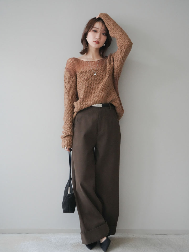 [予約]ベルト付き折り返しコットンツイルワイドパンツ/brown