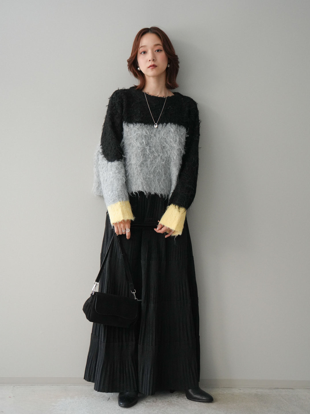 [SET]バイカラーモヘアタッチニットプルオーバー+型押しスエードティアードプリーツスカート(2set)
